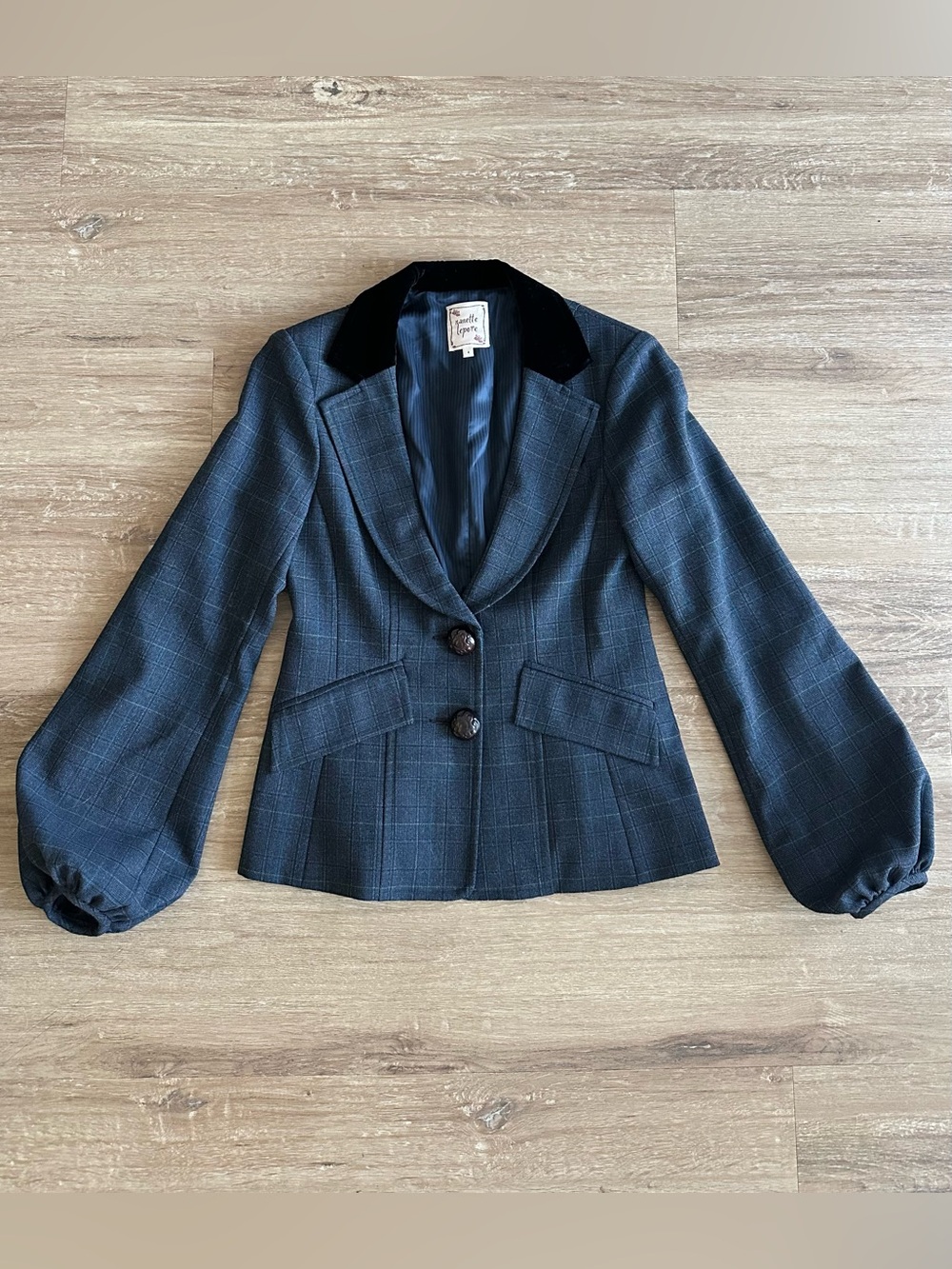 Nanette Lepore Navy Plaid Blazer with Black Velvet Collar